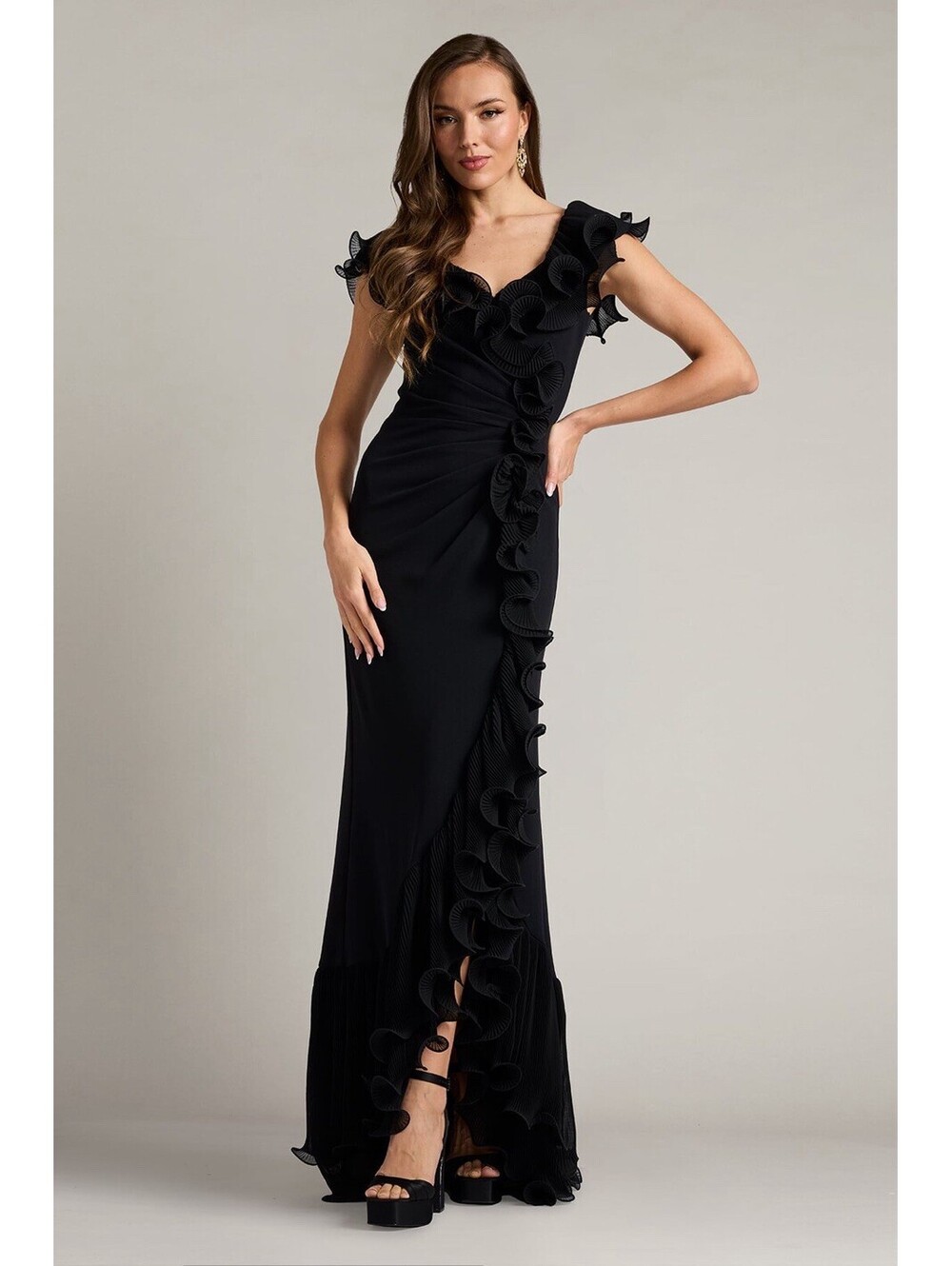 New Tadashi Shoji Leandra Cascading Ruffle Gown In Black Size XL $658